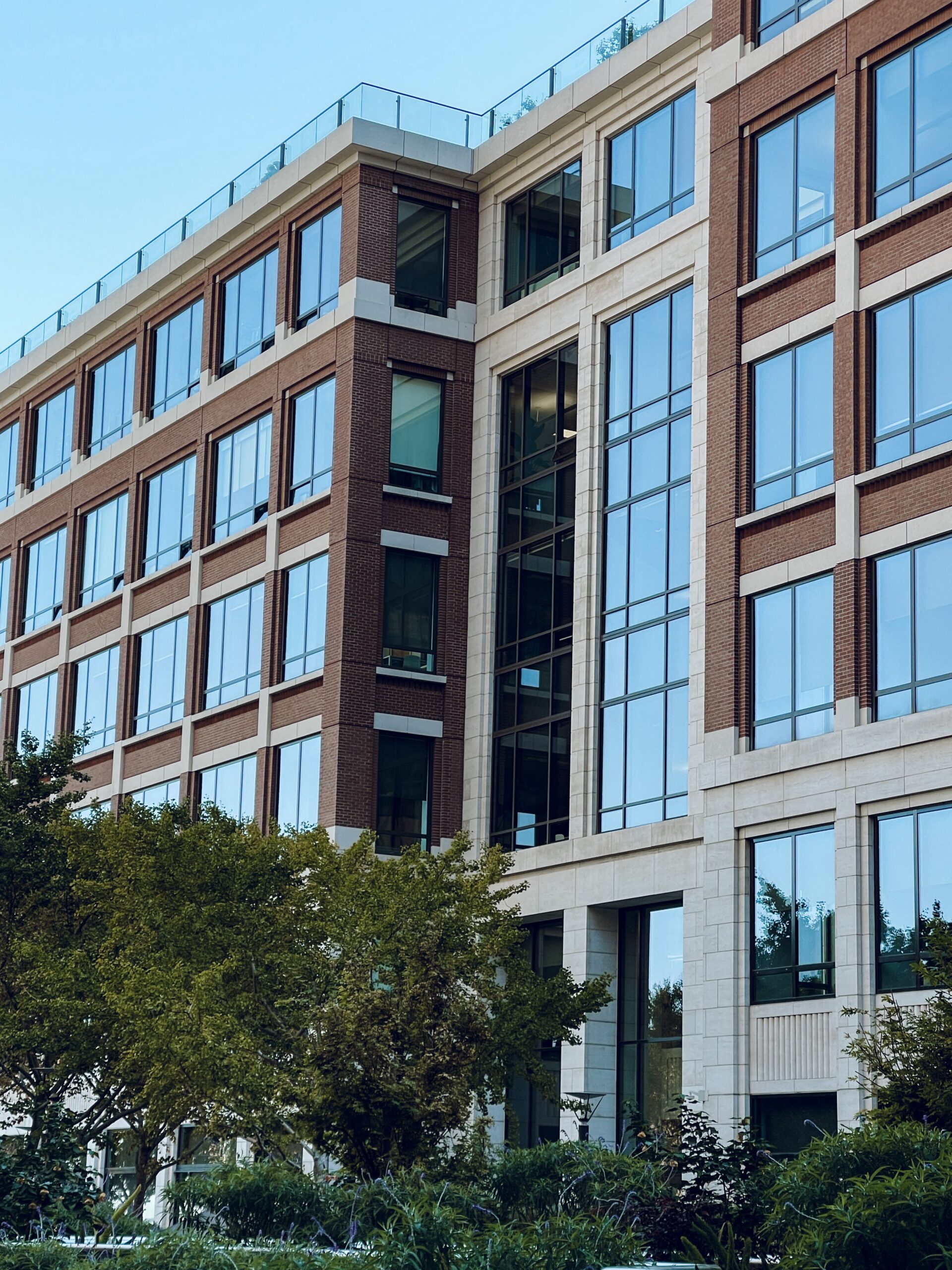 Contemporary commercial building with brick and glass exterior
