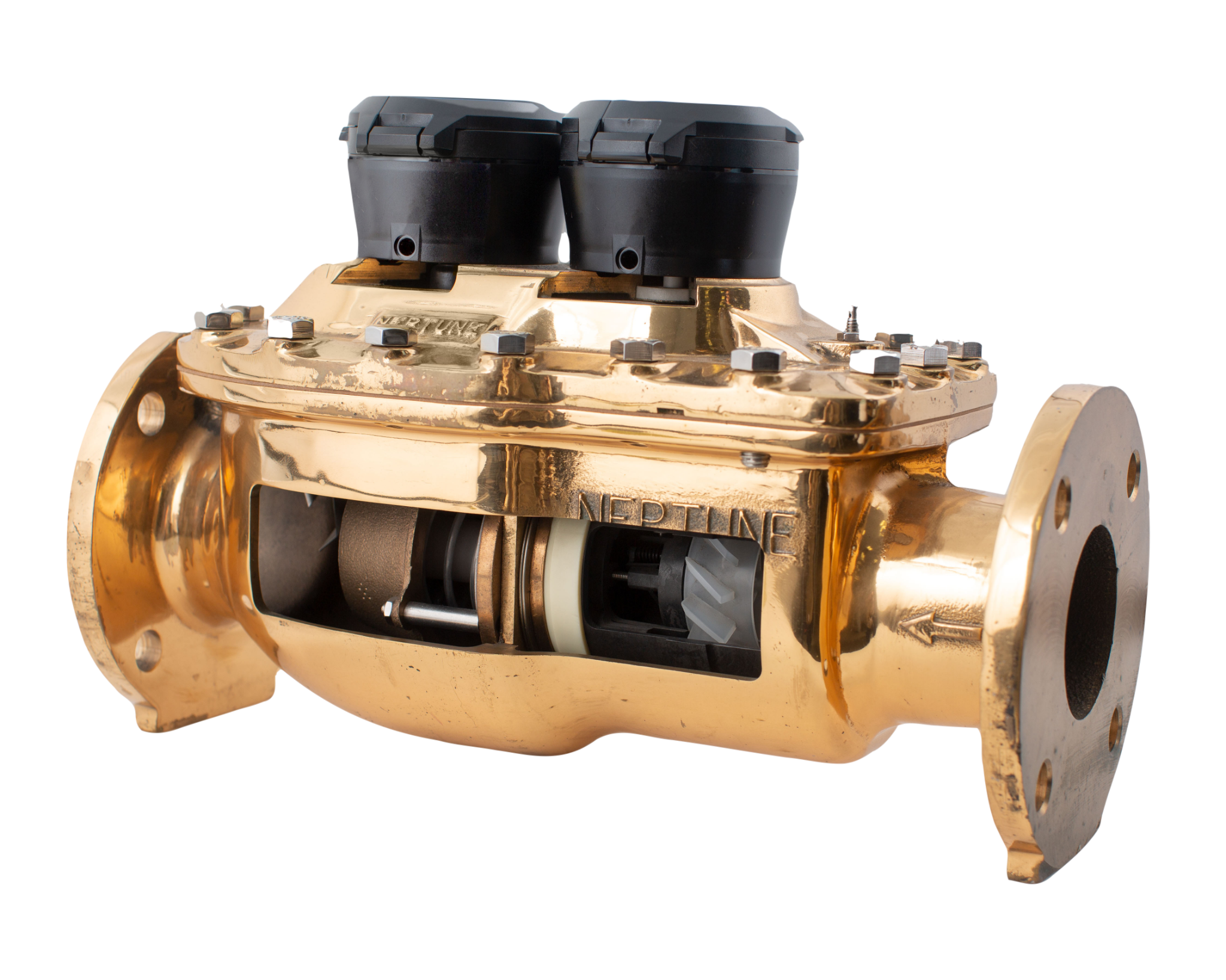 Manufacturer cutaway illustration of a commercial water meter and downstream valve